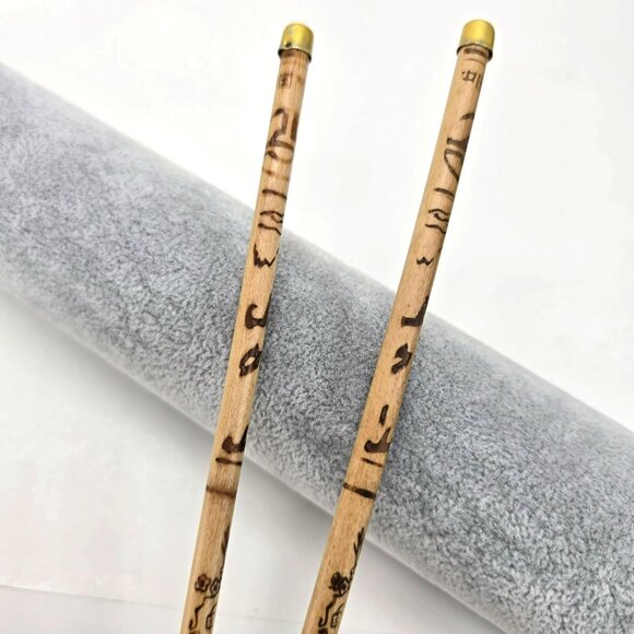 Vintage Wooden Chopsticks or Brush with Brass Tips and Intricate Patterns je182 - Picture 3 of 5